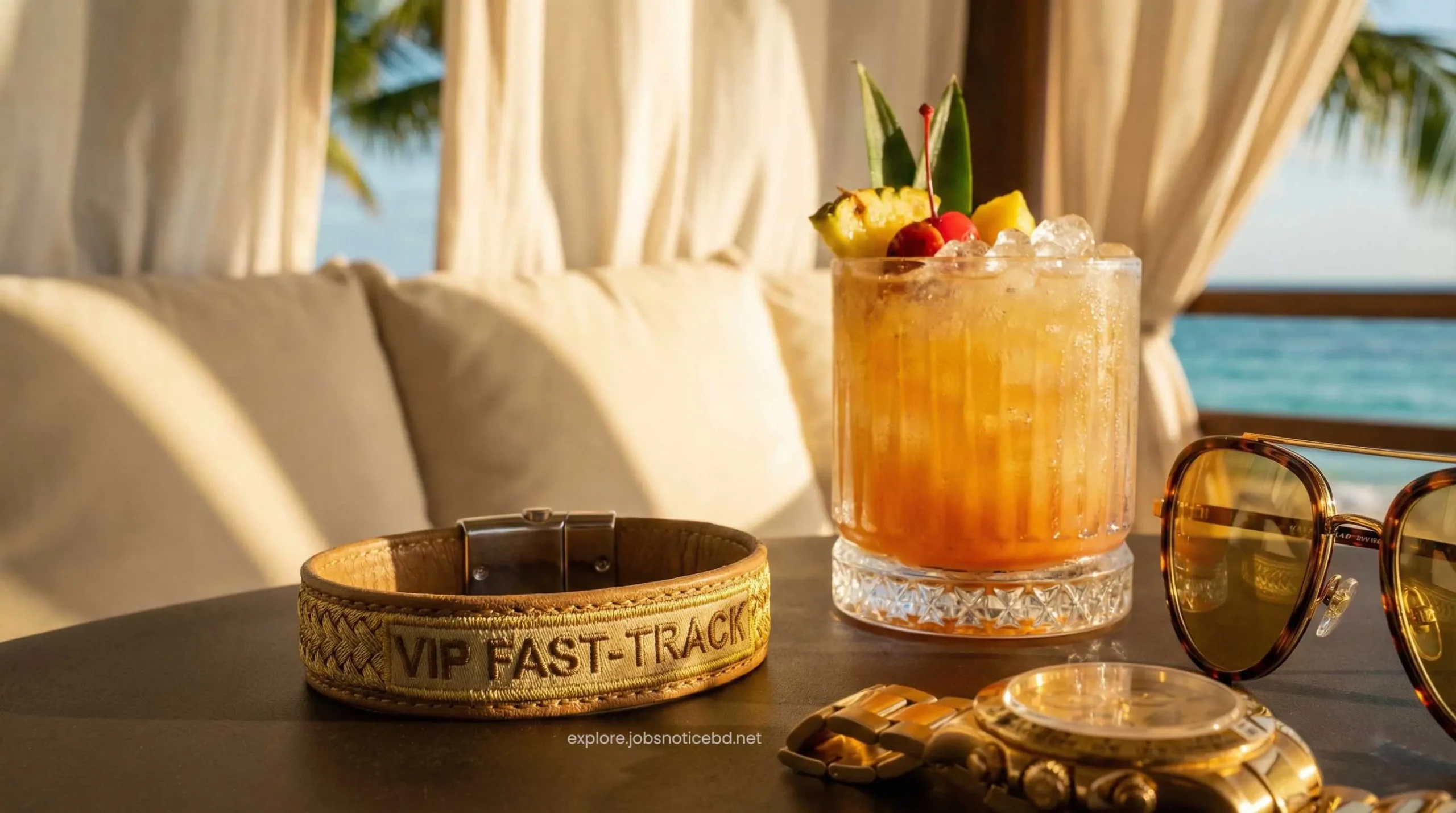 A premium VIP fast-track wristband and tropical drink at a private Dubai waterpark cabana.