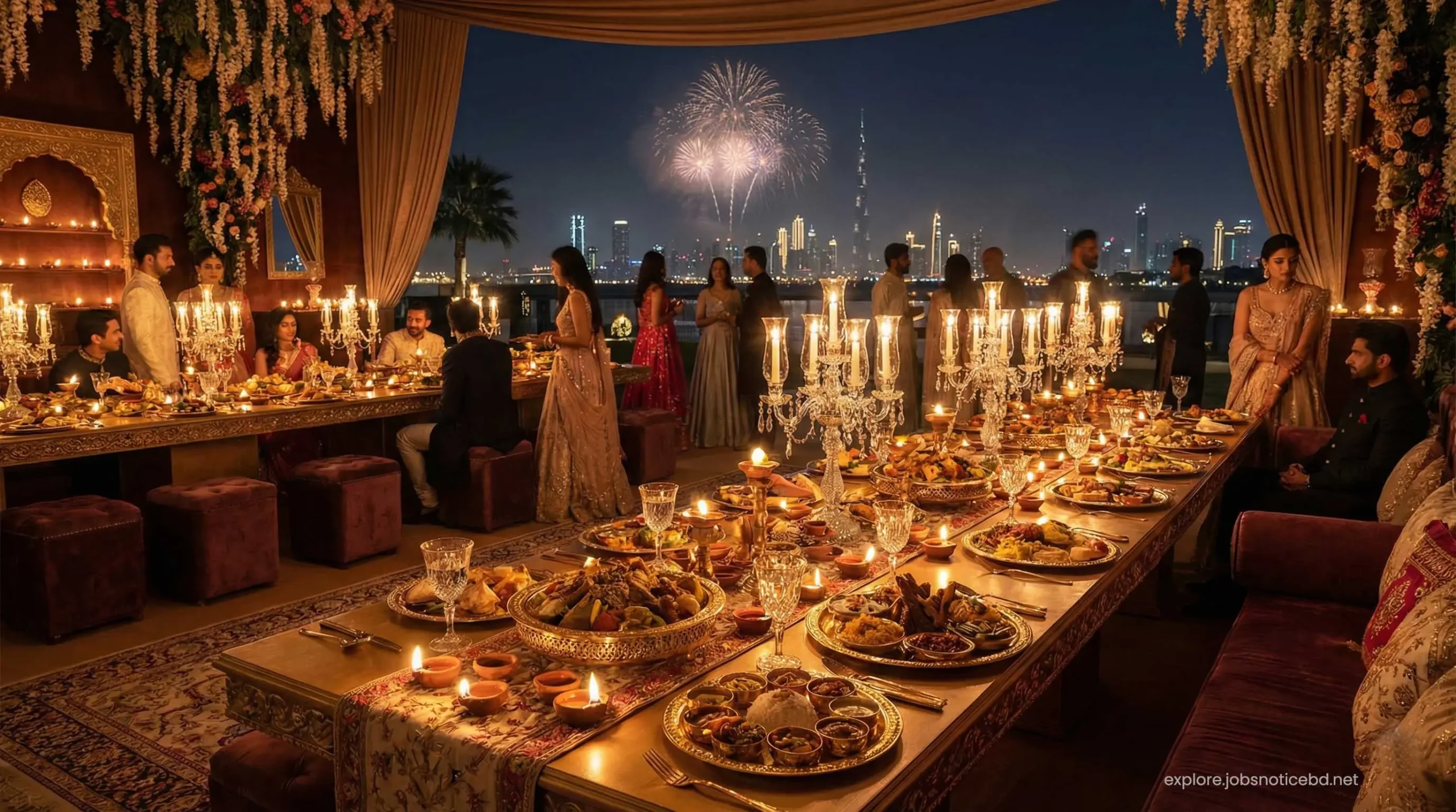 A luxurious Diwali gala dinner buffet setup with golden diyas at Atlantis Dubai.