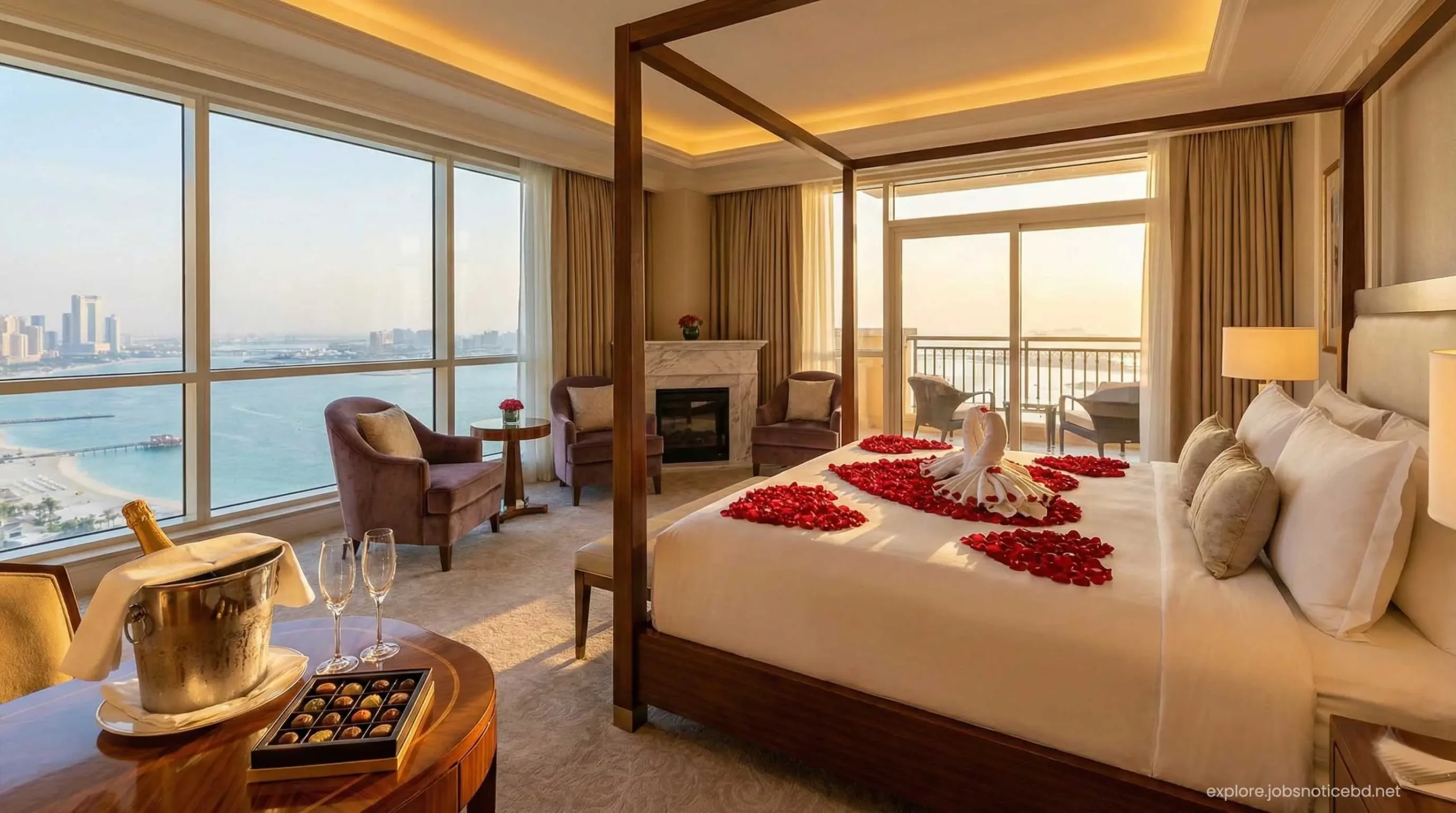 A romantic honeymoon suite setup with rose petals and champagne at Atlantis Dubai.