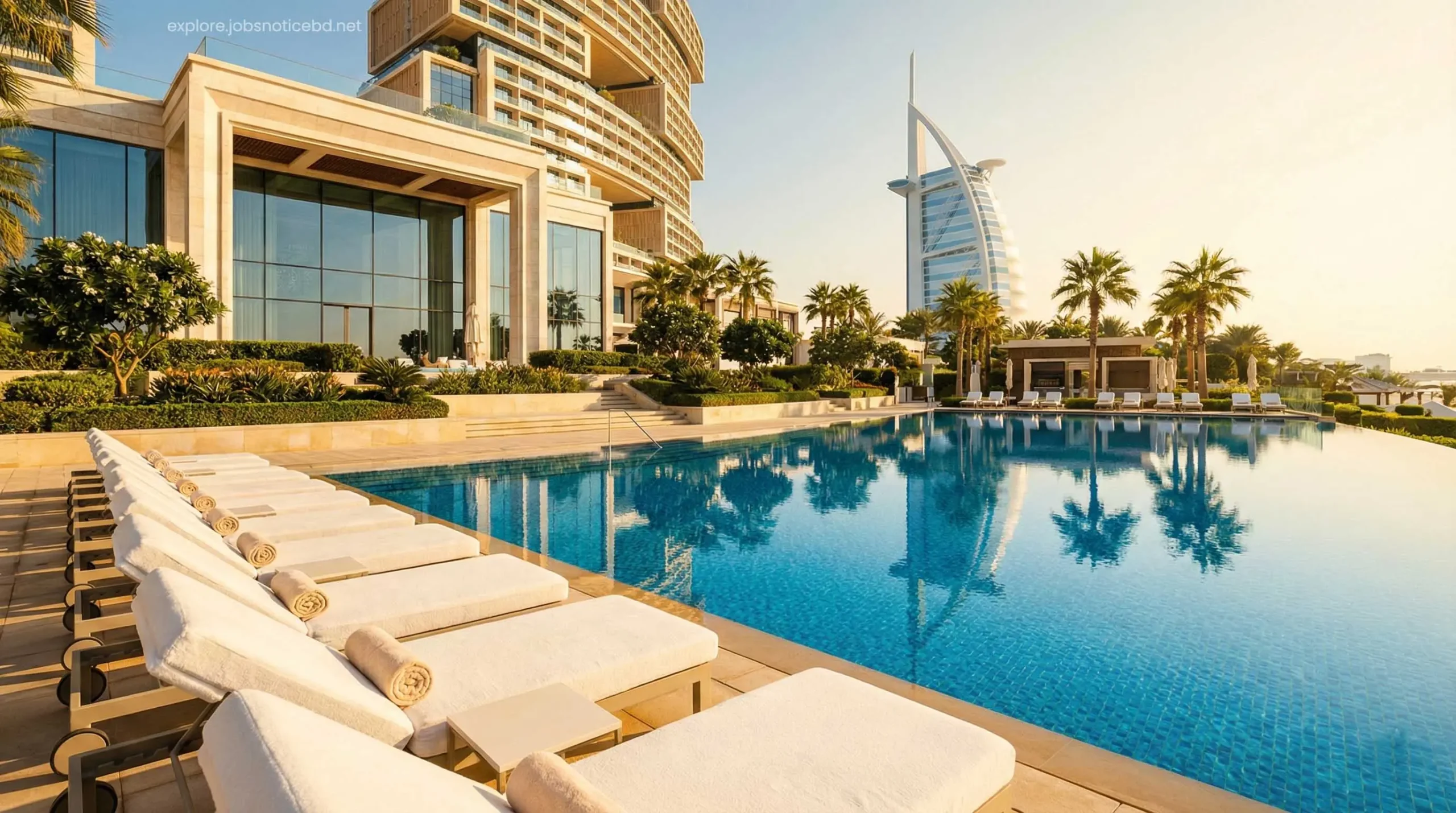 A pristine and quiet luxury pool at Atlantis The Palm Dubai during the summer off-peak season.
