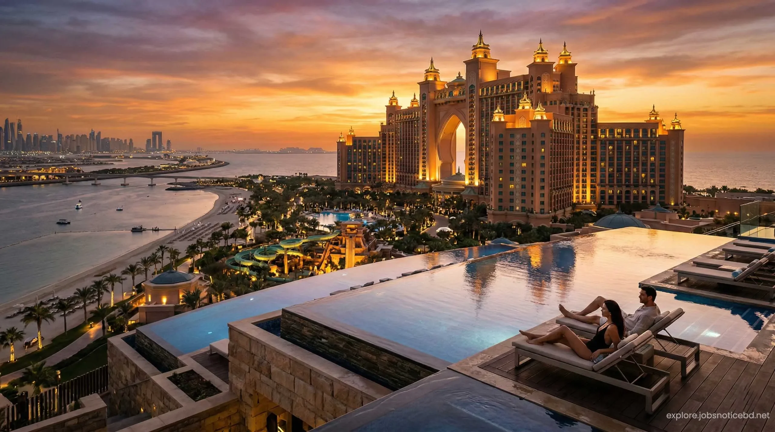 A breathtaking sunset view of Atlantis The Palm resort in Dubai featuring luxury infinity pools.