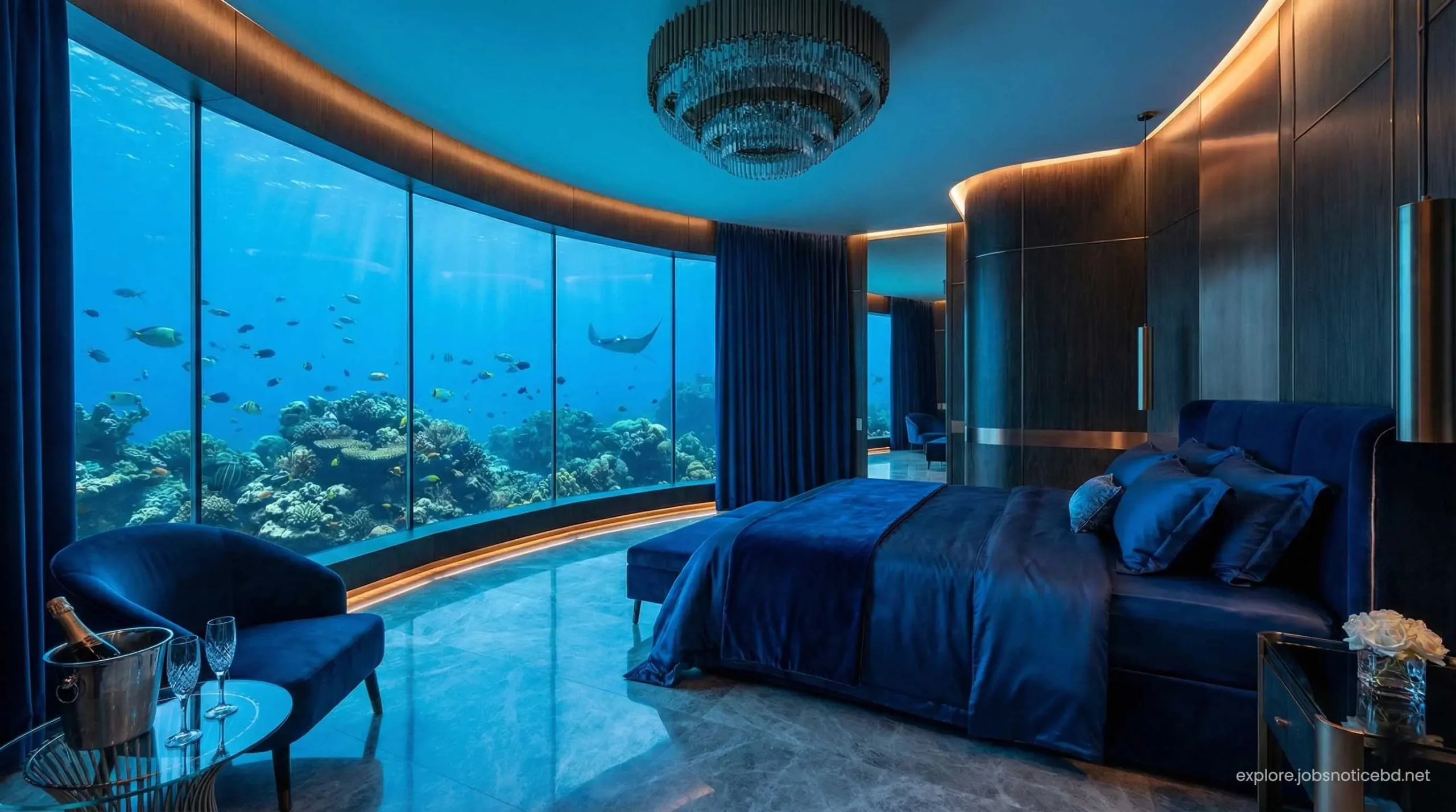 The luxurious bedroom of the Atlantis underwater suite with a view of marine life.
