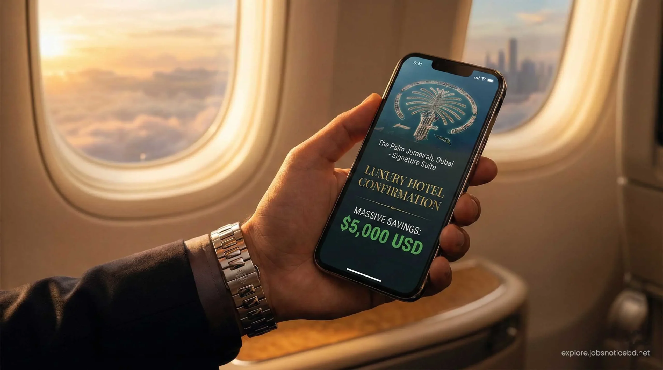A traveler securing a massive discount on a luxury Dubai resort booking using a smartphone.