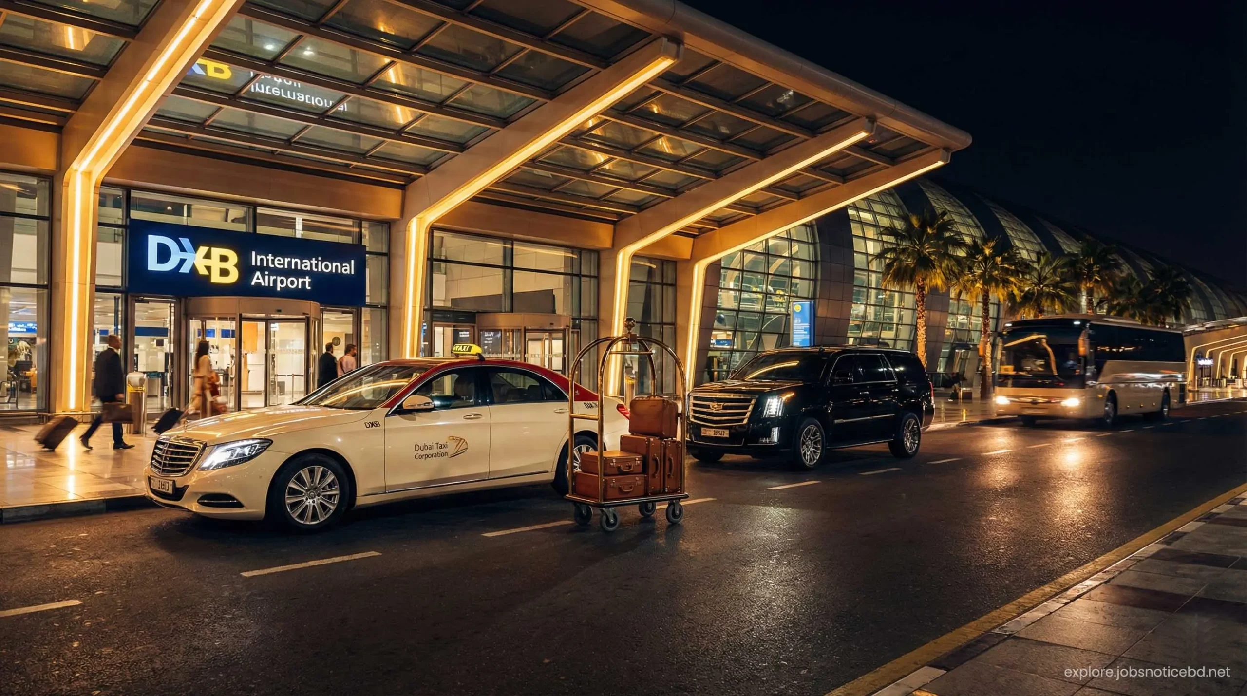 A premium Dubai airport taxi and a VIP Uber waiting for passengers outside the terminal.