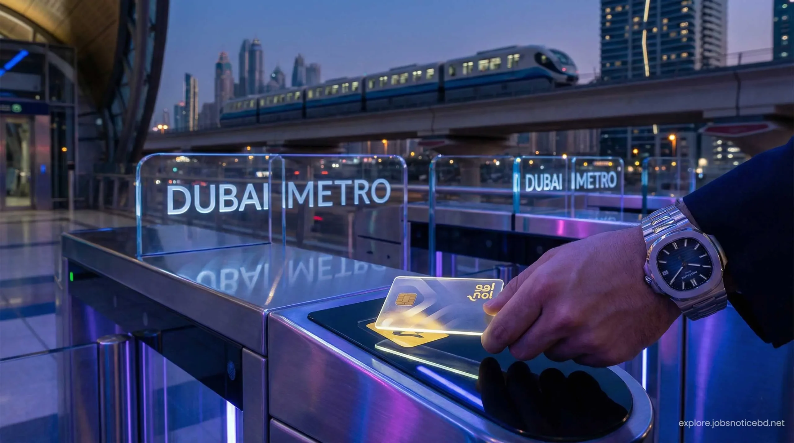 Tapping a smart transit card to access the Dubai Metro and Palm Monorail.