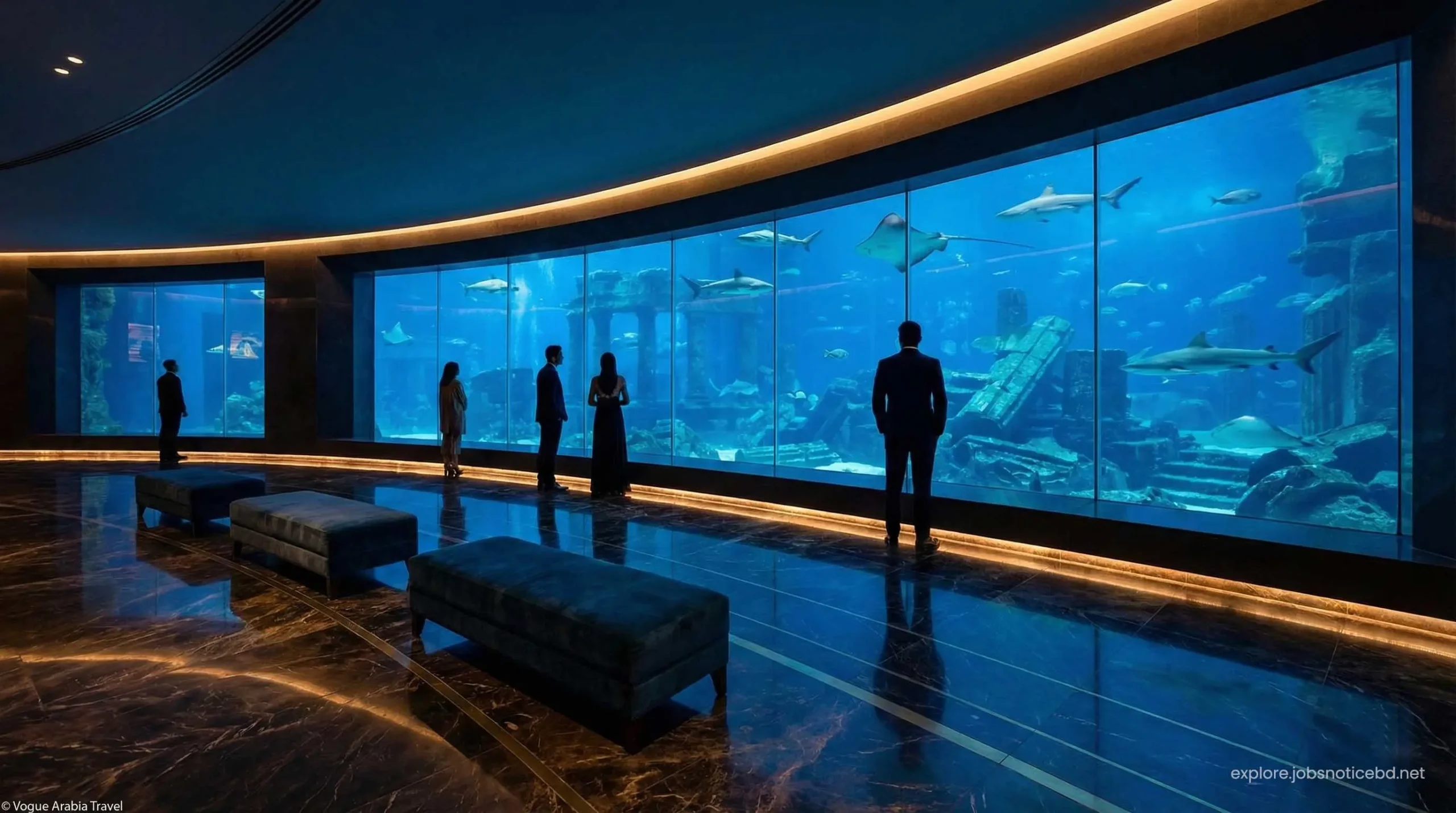 The stunning Ambassador Lagoon viewing gallery at The Lost Chambers Aquarium in Dubai.