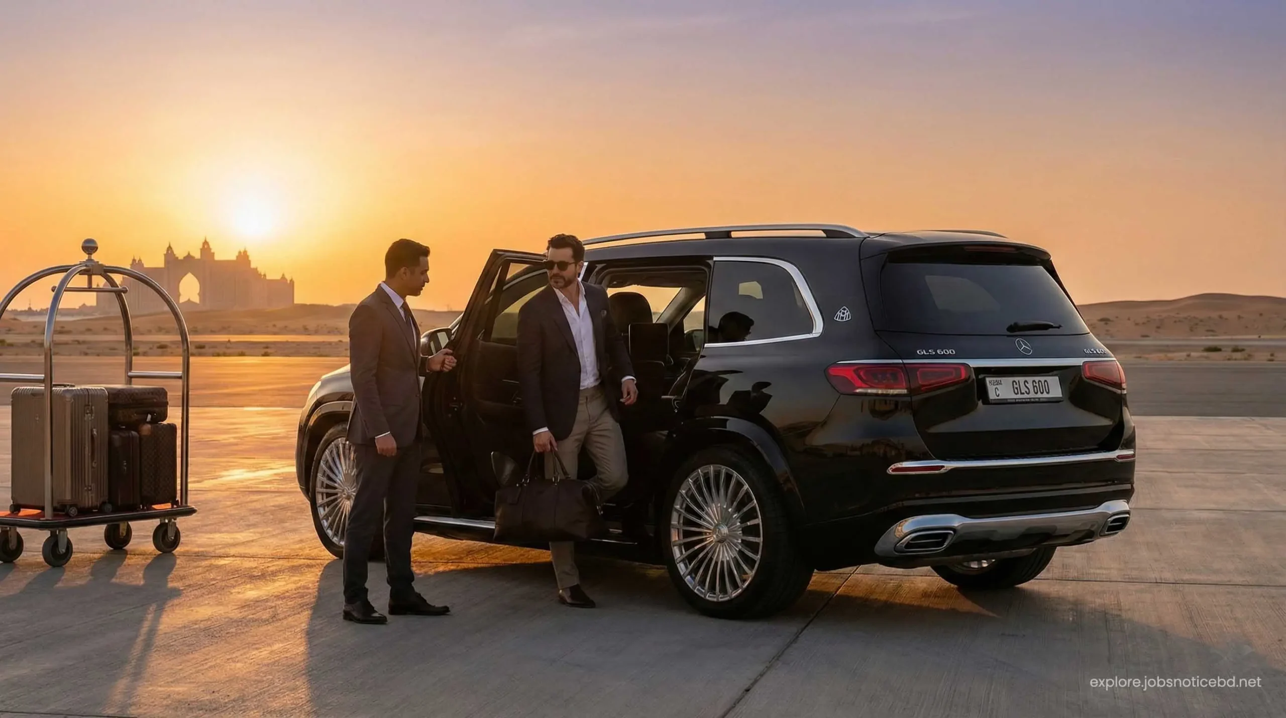 A VIP traveler arriving for a short luxury layover using a premium airport transfer in Dubai.