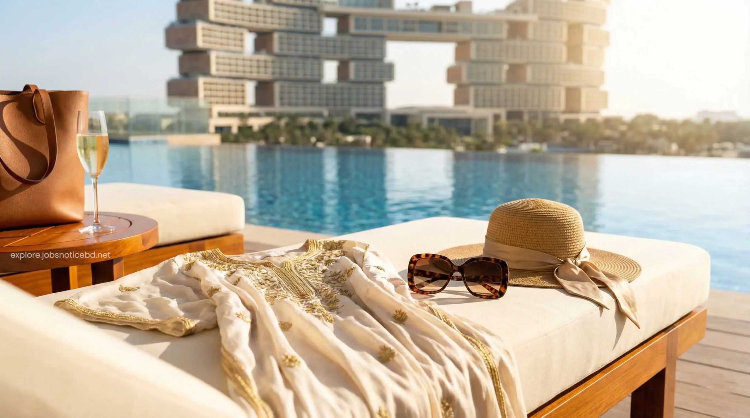 Premium designer resort wear and accessories by a luxury pool in Dubai.