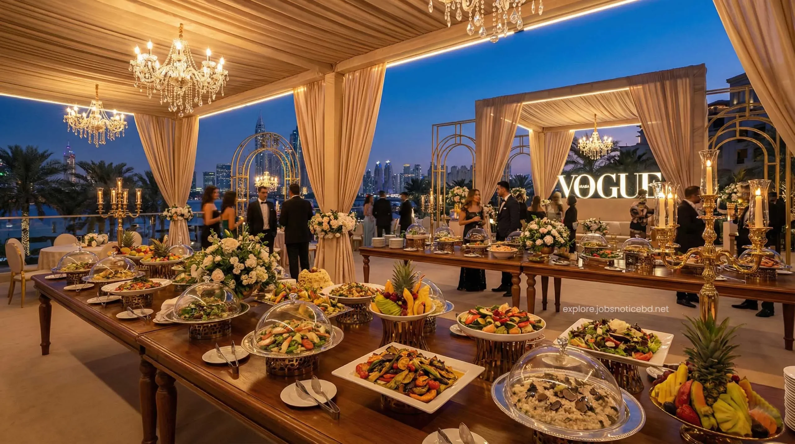 A lavish and premium vegetarian dinner buffet setup at a luxury Dubai hotel.