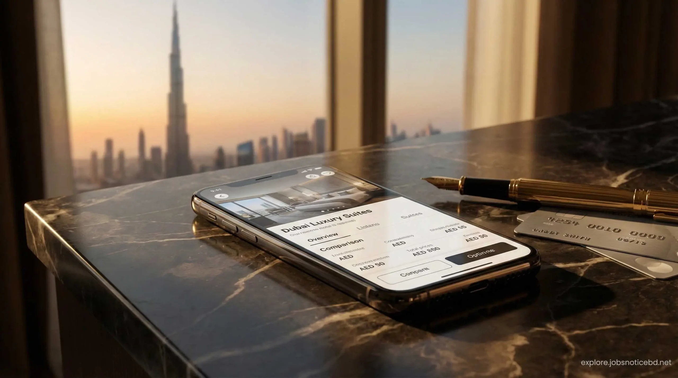 A traveler comparing premium Dubai hotel deals on a smartphone using travel apps.