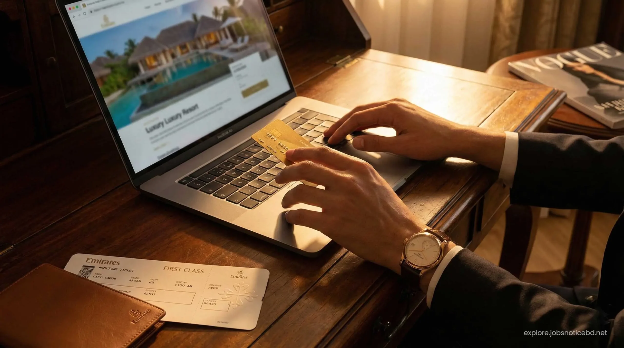 Finalizing a luxury Dubai resort booking online using a premium travel credit card.