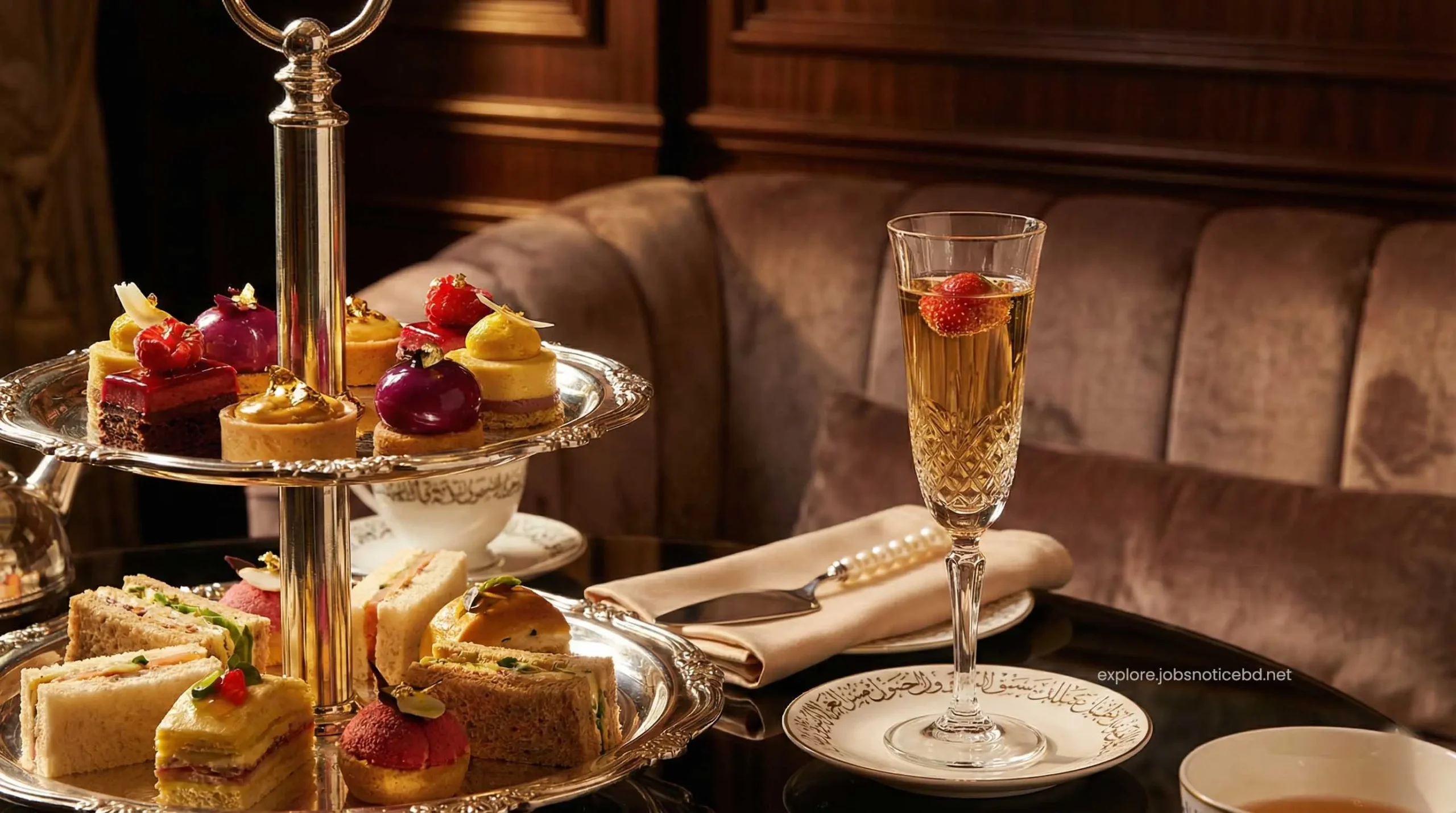 A luxury afternoon tea and champagne service at a VIP hotel lounge.