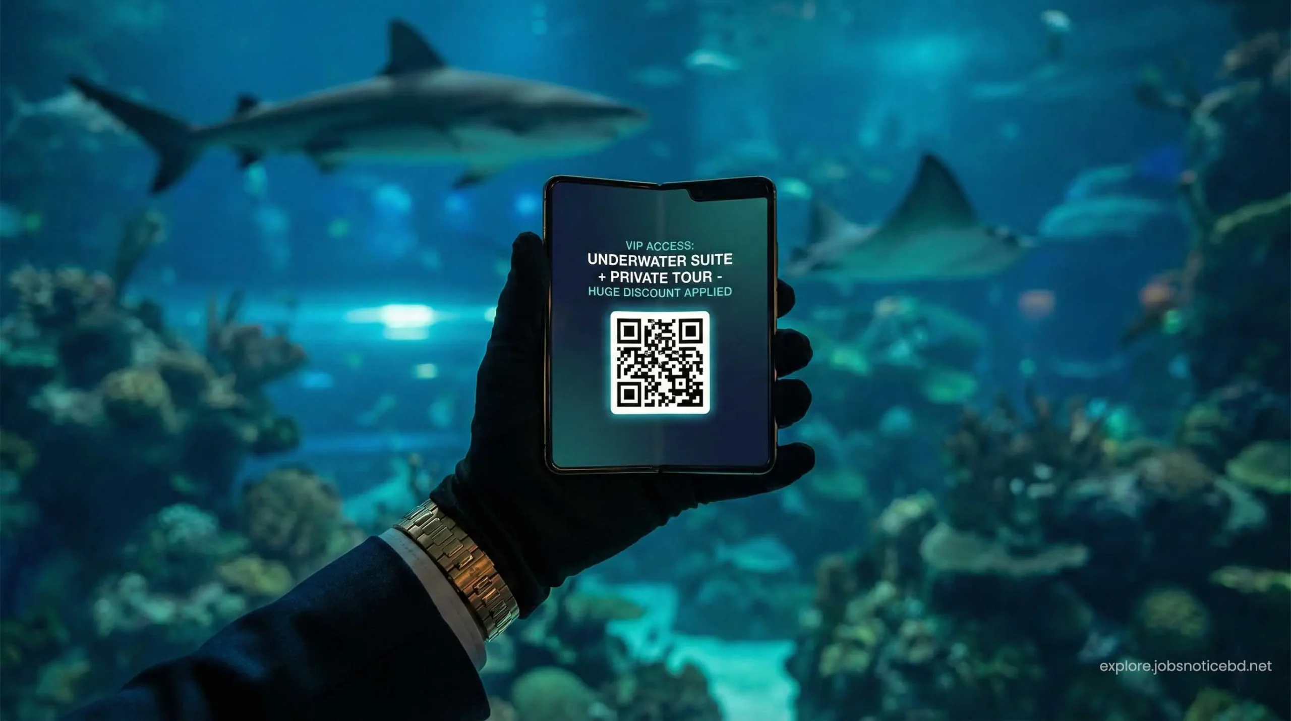 A digital VIP combo ticket for the Atlantis aquarium displayed on a premium smartphone.