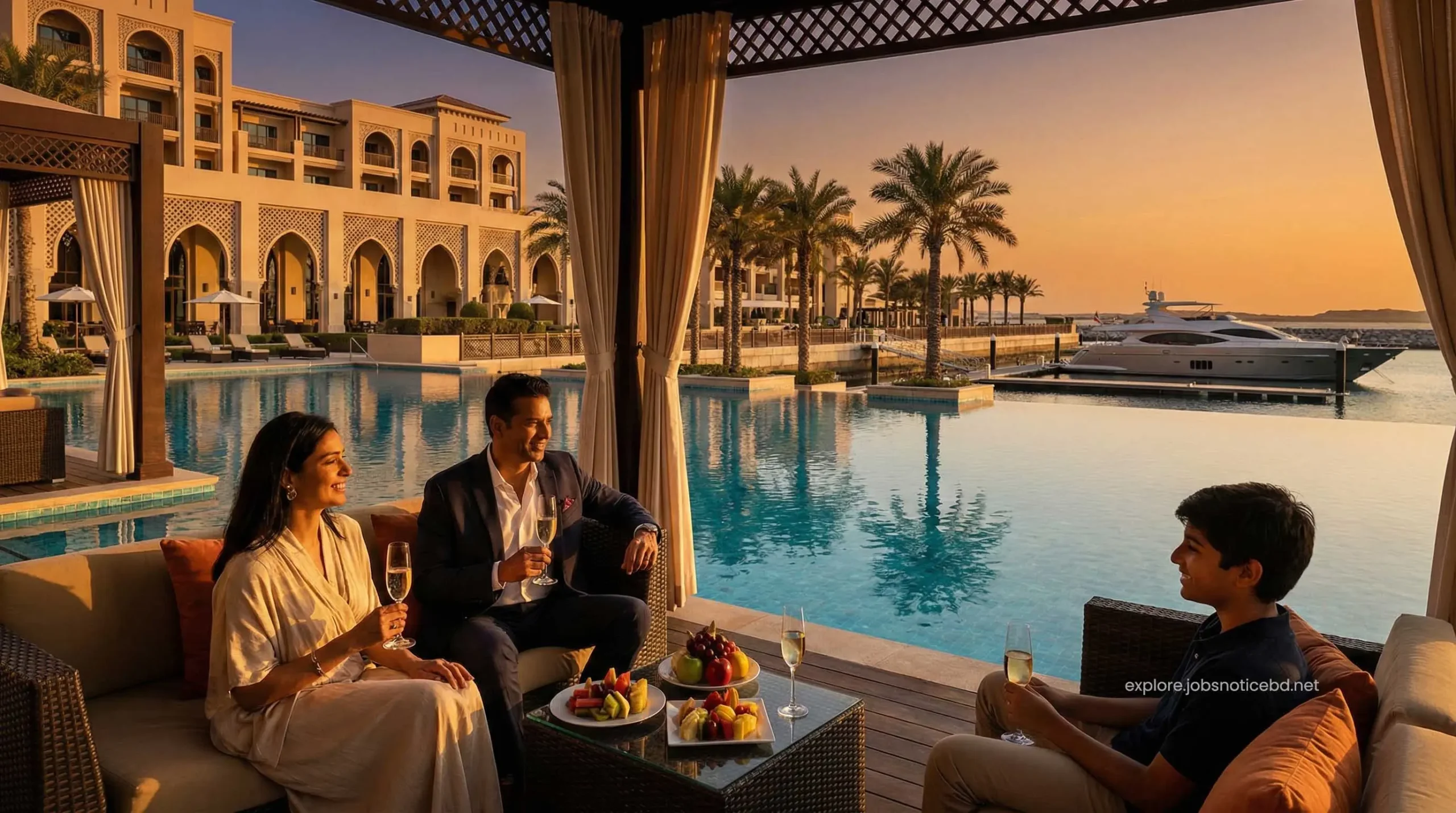 A wealthy expat family enjoying a luxury staycation at a premium Dubai resort.