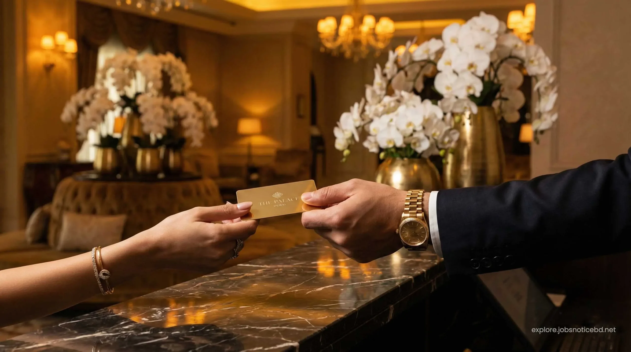 A traveler receiving a premium VIP room upgrade keycard at a luxury hotel reception.