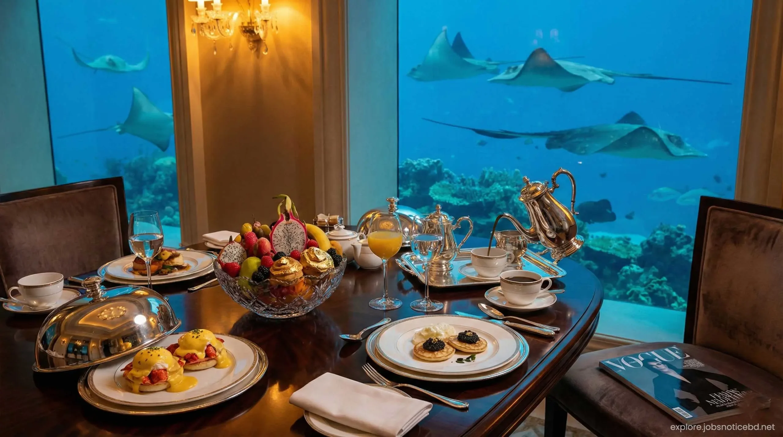 Exclusive in-suite luxury dining experience in an underwater hotel room.