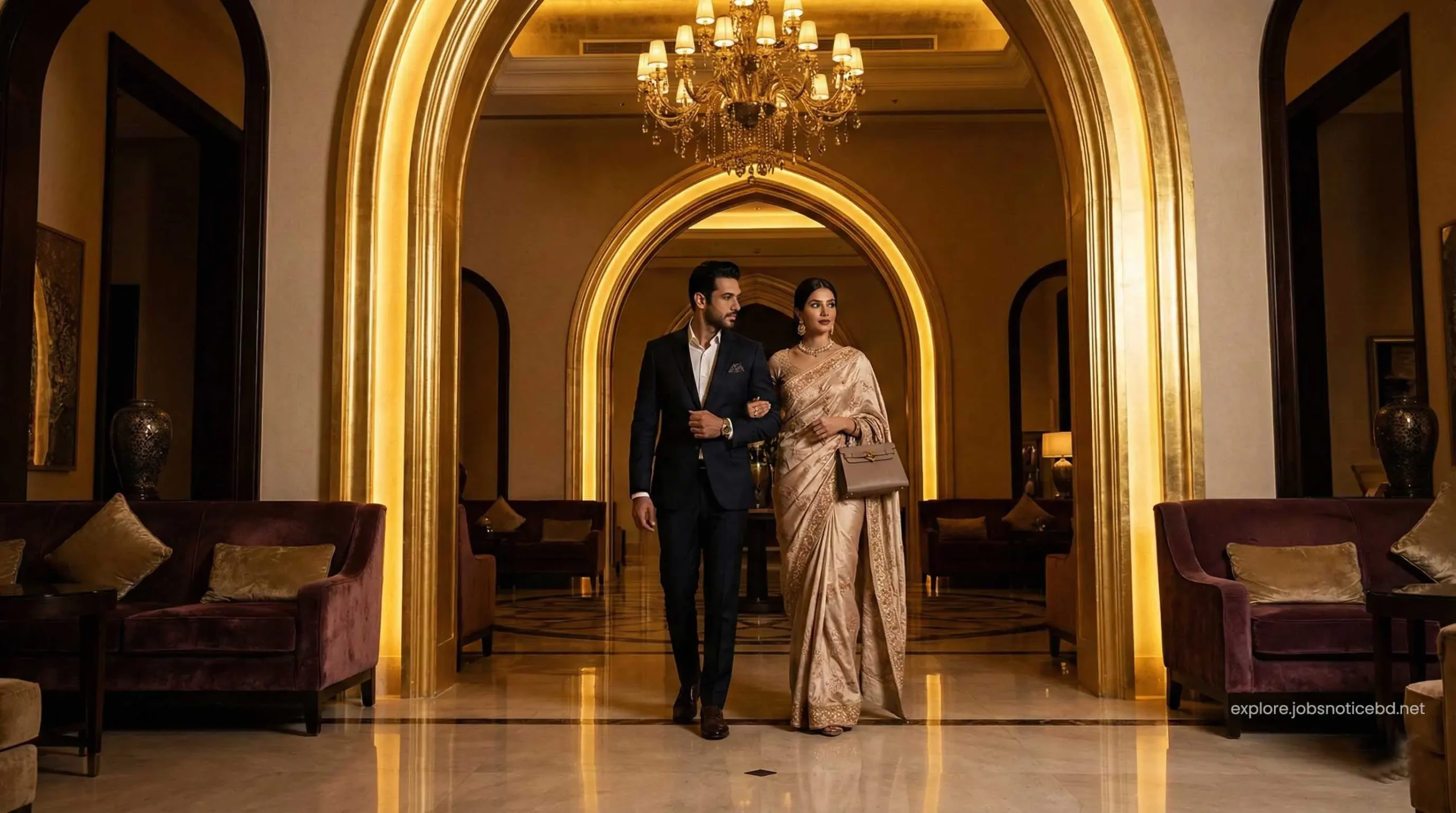 A wealthy Indian couple wearing premium smart-elegant attire in a Dubai luxury resort.