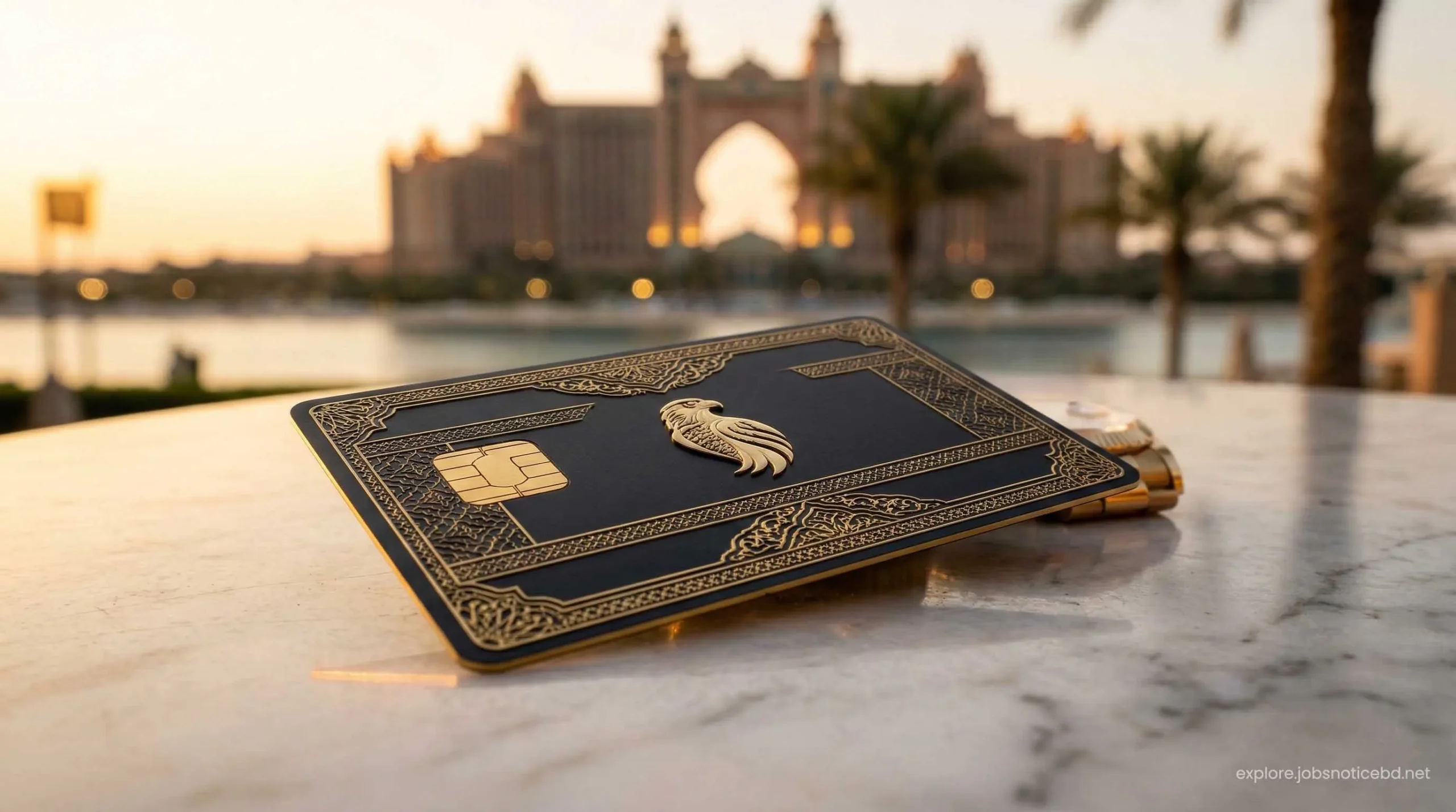 A premium metal credit card on a marble table with a luxury Dubai resort in the background.