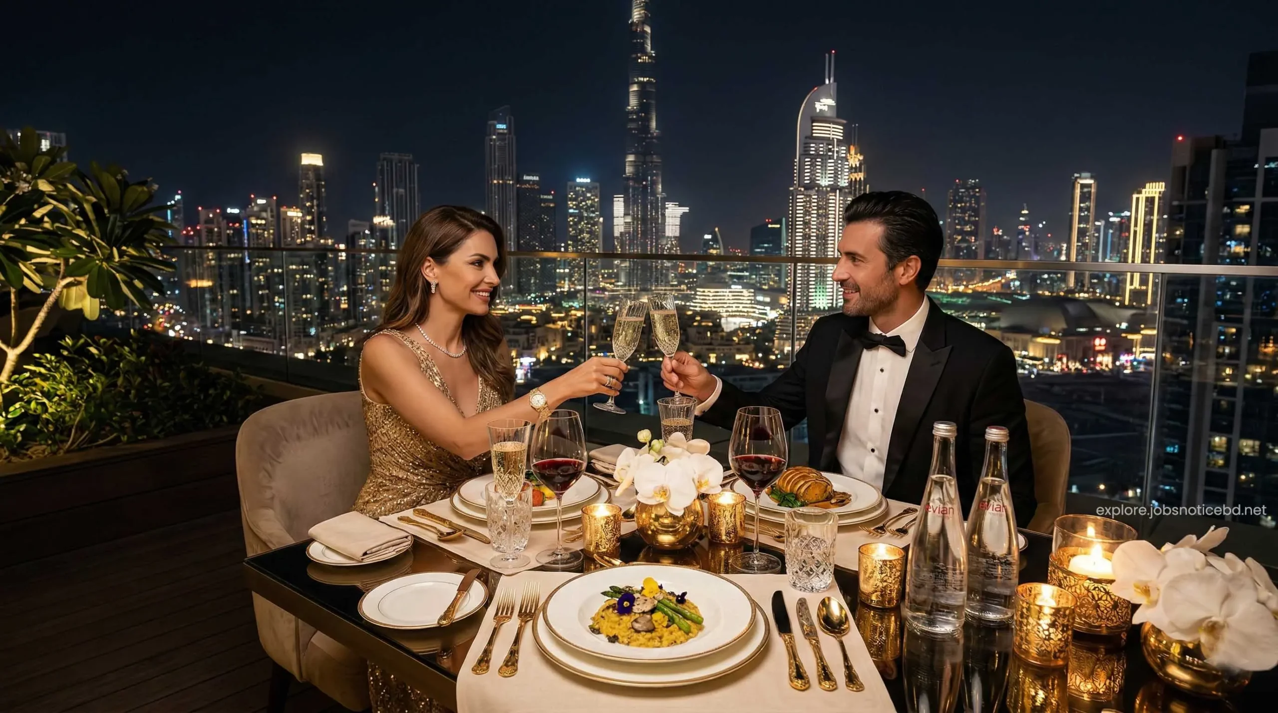 Luxury vegetarian dining experience with a view of the Dubai skyline at a premium resort.